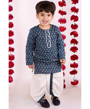 Little Bansi Full Sleeves Kantha Work Flower Motif Print Kurta And Dhoti - Indigo Blue And White