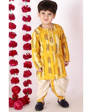 Little Bansi Full Sleeves Herringbone Motif Print Kurta And Dhoti - Yellow And Cream