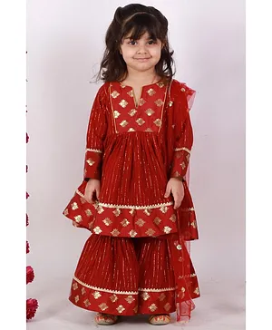 Little Bansi Full Sleeves Brocade Patch Work With Gold Strip Print Kurta And Sharara With Net Dupatta - Maroon