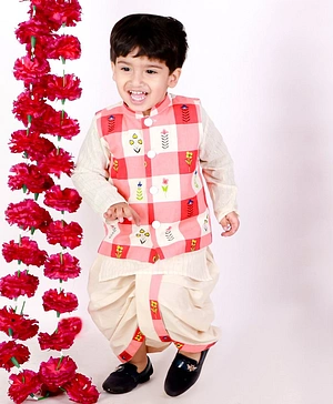 Little Bansi Full Sleeves Gold Strip Print Kurta With Flower And Checks Print Jacket And Dhoti - Cream