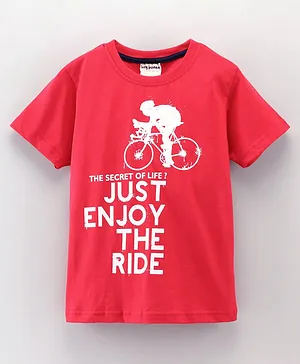 Lazy Bones Half Sleeves T-Shirt Bicycle & Text Print - Red
