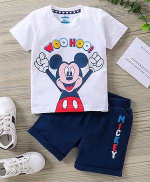Babyhug Half Sleeves Tee & Shorts Mickey Mouse Print - White Navy Blue