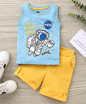 Babyhug Sleeveless T-Shirt and Shorts Set Astronaut Print - Blue Yellow
