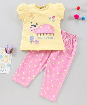 ToffyHouse Short Sleeves Night Suit Ladybug Print & Patch - Yellow Pink
