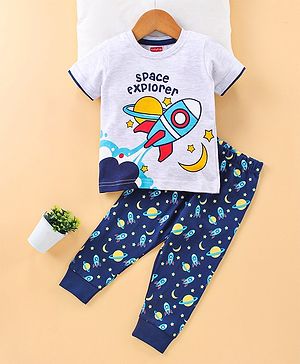 Babyhug Half Sleeves Night Suit Space Print - Blue