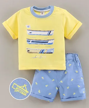 ToffyHouse Half Sleeves Tee & Shorts Set Boat Print- Blue Yellow