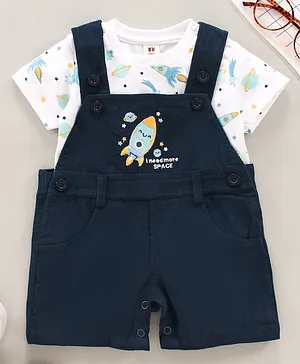 ToffyHouse Dungaree and Half Sleeves Tee Set Spacecraft Print - Navy Blue