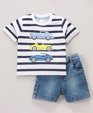 ToffyHouse Half Sleeves Striped T-Shirt and Denim Shorts Set Cars Print - White Blue