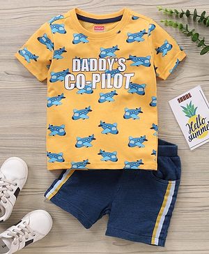 Babyhug Half Sleeves T-Shirt & Shorts Aeroplane Print - Yellow Indigo
