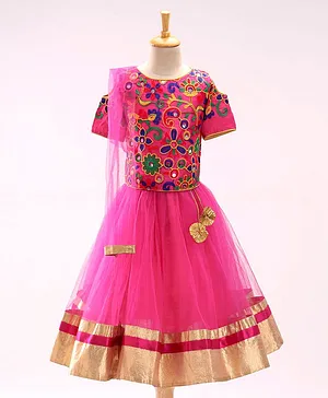 The KidShop Half Sleeves Floral Emroidered Semi Party Dress With Dupatta - Pink