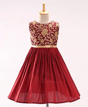 The Kidshop Sleeveless Floral Embroidered Classy Dress - Maroon