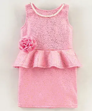 The Kidshop Sleeveless Pearl Embellished & Flower Appliqued Party Dress - Pink