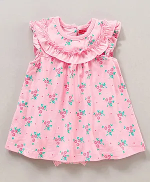 Babyhug Cotton Sleeveless Frock Style Onesie Floral Printed - Pink