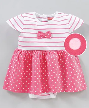 Babyhug 100% Cotton Cap Sleeves Striped Frock Style Onesie with Bow - Pink