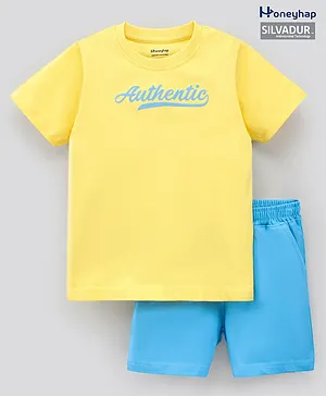 Honeyhap Half Sleeves T-Shirt & Shorts Set With Silvadur Anti-Microbial Finish Text Print - Yellow