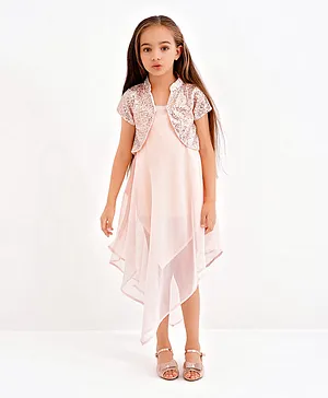 Primo Gino Asymmetrical Solid Frock with Half Sleeves Sequined Shrug - Pink