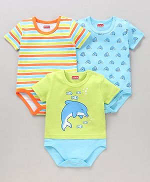 Babyhug 100% Cotton Half Sleeves Onesies Striped and Dolphin Print Pack of 3 - Blue Green