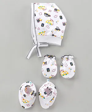 Child World Baby Cap Mitten And Booties Car Print - White 