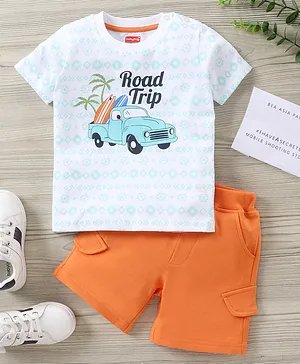 Babyhug Half Sleeves T-Shirt and Shorts Set Road Trip Print - White Orange