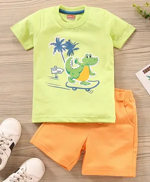 Babyhug Half Sleeves T-Shirt & Shorts Set Dinosaur Print- Green Orange