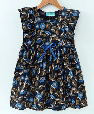 Tiara Sleeveless Floral Print Classic Ruffle Dress - Blue