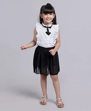 Kookie Kids Poly Cotton Sleeveless Tops And Skirts Set Stripes - Black White
