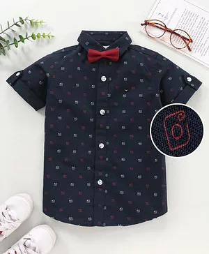 Jash Kids Half Sleeves Cotton Printed Shirt with Bow - Navy Blue