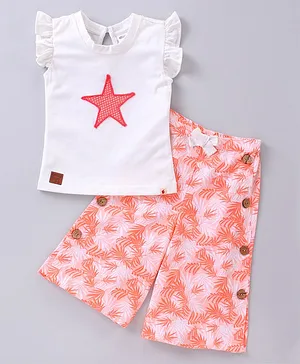 Spring Bunny Cap Sleeves Star Patch Top With Printed Flared Pants - White Peach