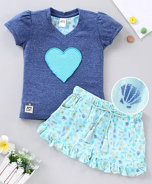 Spring Bunny Short Sleeves Heart Patch Top With Frilled Shorts - Blue