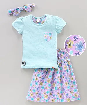 Spring Bunny Short Sleeves Top With Floral Print Skirt - Blue