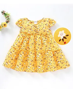 Spring Bunny Short Sleeves All Over Floral Print Dress - Yellow
