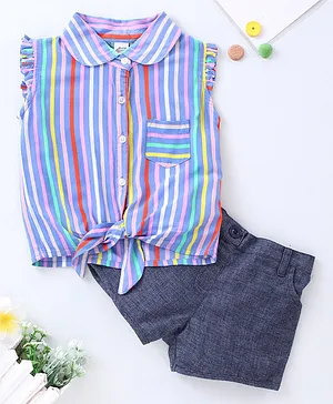 Spring Bunny Sleeveless Striped Collared Top With Shorts - Multi Color