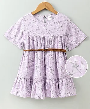 Spring Bunny Half Sleeves Floral Print Dress - Purple