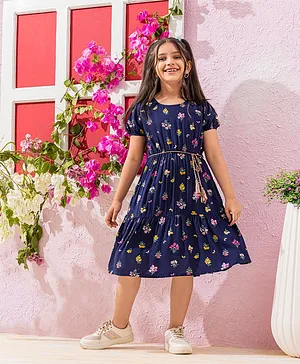 Hola Bonita Short Peasant Sleeve Tiered Frock with Tie Up Belt Floral Print - Navy