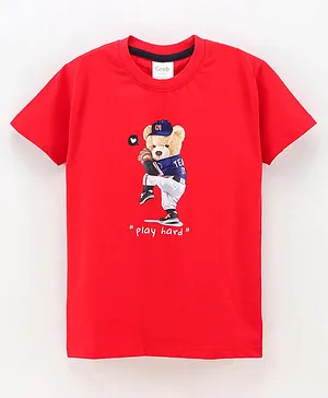 Grab It Half Sleeves T-Shirt Bear Print - Red