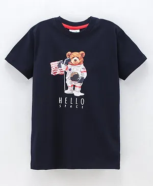 Grab It Half Sleeves T-Shirt Astronaut Bear Print - Navy Blue