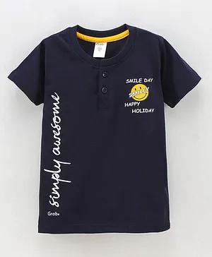 Grab It Half Sleeves T-Shirt Smiley Print - Navy Blue