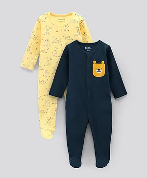 Bonfino Full Sleeves Footed Sleepsuits Tiger Print Pack of 2 - Yellow Navy Blue