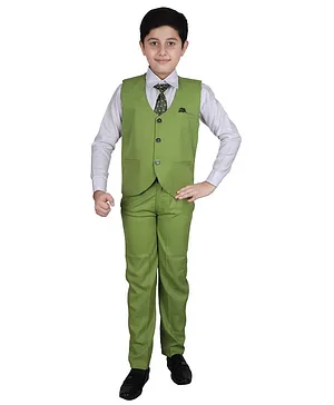 P-MARK Full Sleeves Shirt With Waistcoat & Pants Set - Green