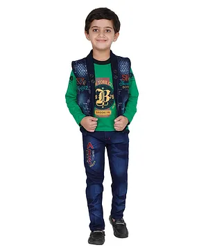 Fourfolds Full Sleeves Printed Tee With Sleeveless Jacket & Jeans - Green
