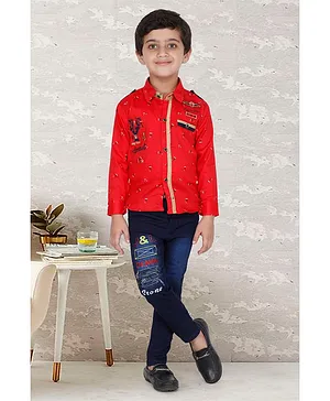 Fourfolds Full Sleeves Printed Shirt With Jeans - Red
