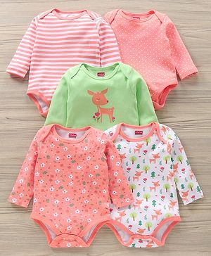 Babyhug 100% Cotton Full Sleeves Onesies Multi Print Pack of 5 - Multicolour