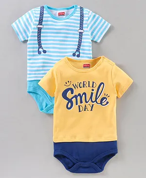 Babyhug 100% Cotton Half Sleeves Striped Onesies Text Print Pack of 2 - Blue Yellow