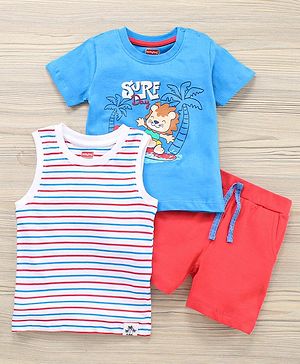 Babyhug Sleeveless & Half Sleeves T-Shirts & Shorts Set Beach & Stripes Print - Multicolour