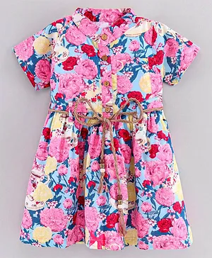Rassha Half Sleeves Floral Print Dress - Blue & Pink