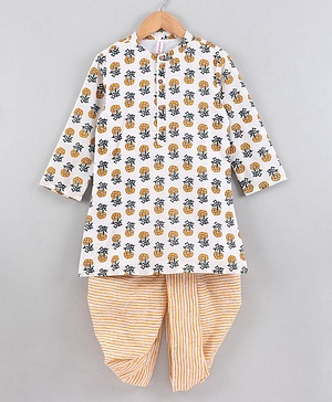 Babyhug Full Sleeves Cotton Kurta & Dhoti Set Printed - Off White