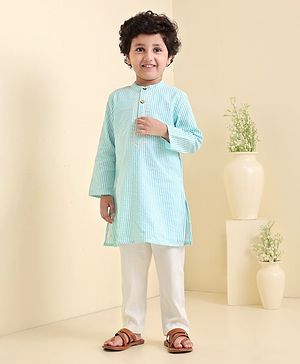 Babyhug Full Sleeves Striped Cotton Kurta & Pyjama Set - Light Blue