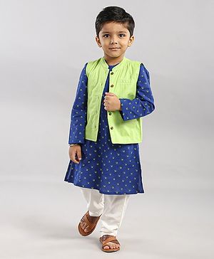 Babyhug Full Sleeves Printed Kurta Pyjama Set with Jacket - Navy