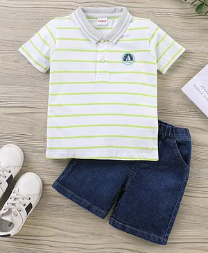 Babyhug Half Sleeves Striped T-Shirt & Denim Shorts Set - Blue