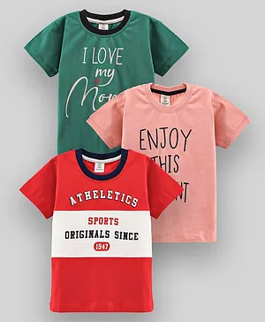 Mini Donuts Half Sleeves T-Shirts Text Print Pack of 3 - Green Peach Red